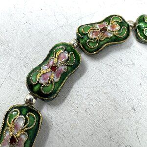 Vintage Cloisonné Beads Green With Pink Floral Design & Gold Accents Rectangle